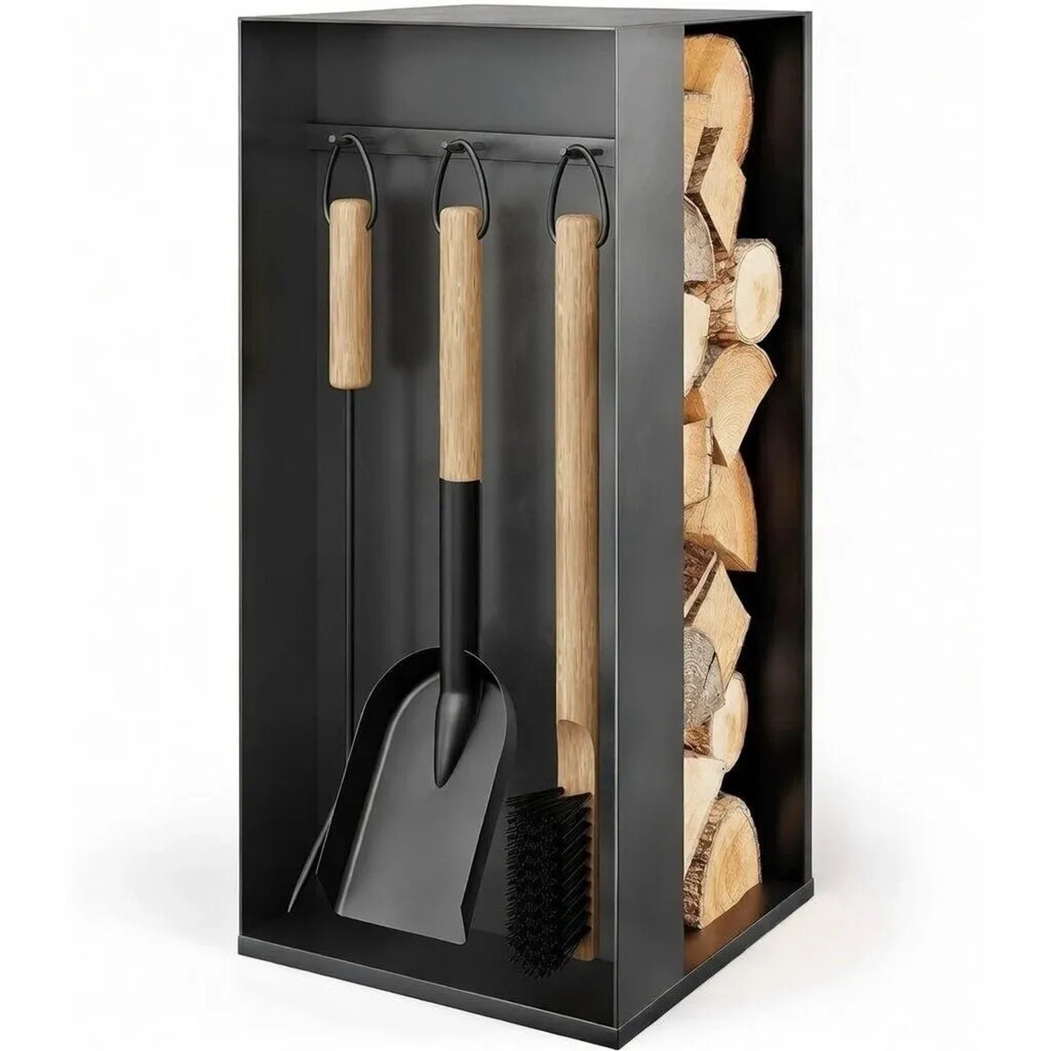 BLACK OAK Kaminbesteck ASPEN 4-Teilig – Kompaktes Kaminwerkzeug-Set aus Stahl Pulverbeschichtet mit Ständer für Kaminofen